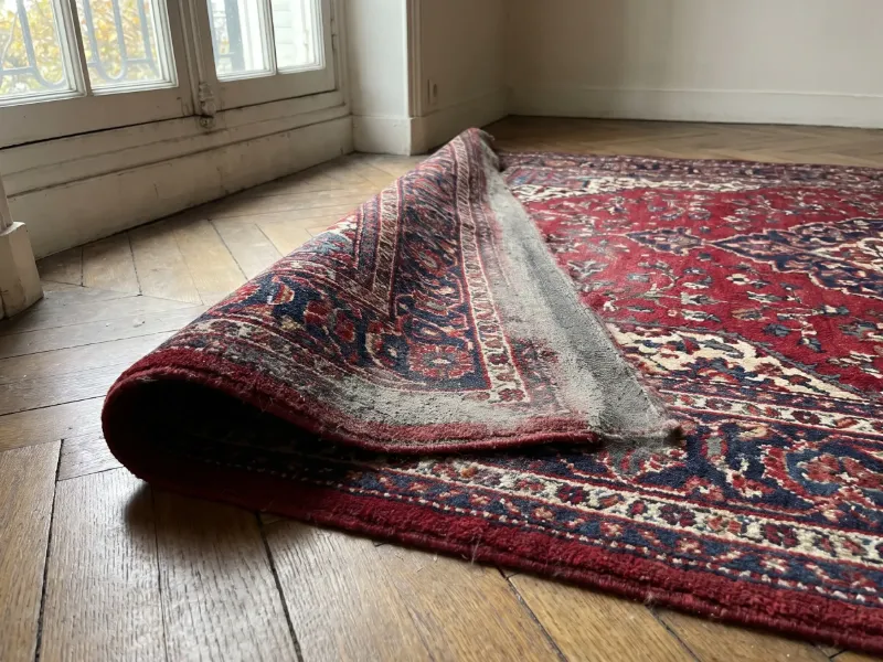Coin d’un tapis d’Orient en laine replié sur un parquet ancien, avec de la poussière grise au pied du velours le long du pli (illustration)